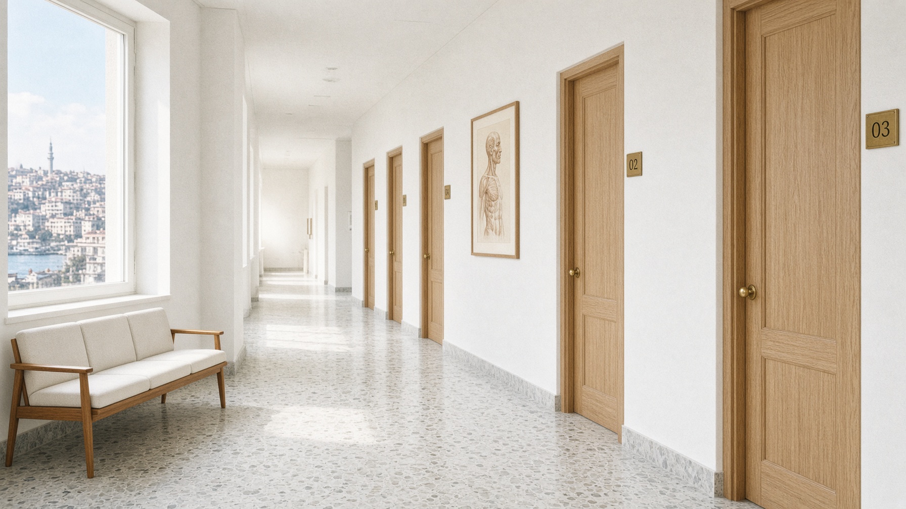 Gün ışığında özel bir klinik koridoru: muayenehane kapıları ve bekleme sediri