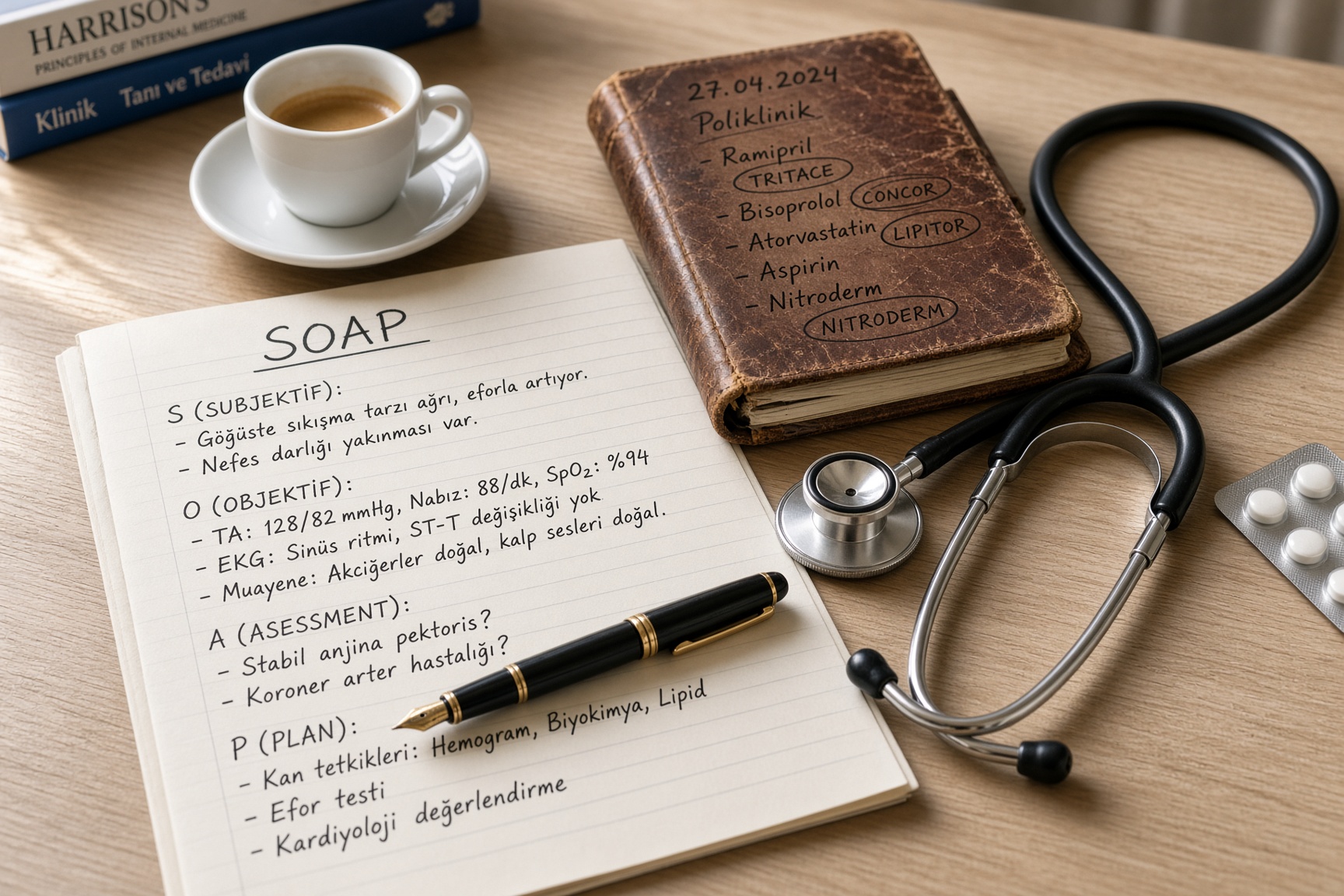 Sabah ışığında bir hekim masası: SOAP notları, cep defteri, stetoskop ve kalem